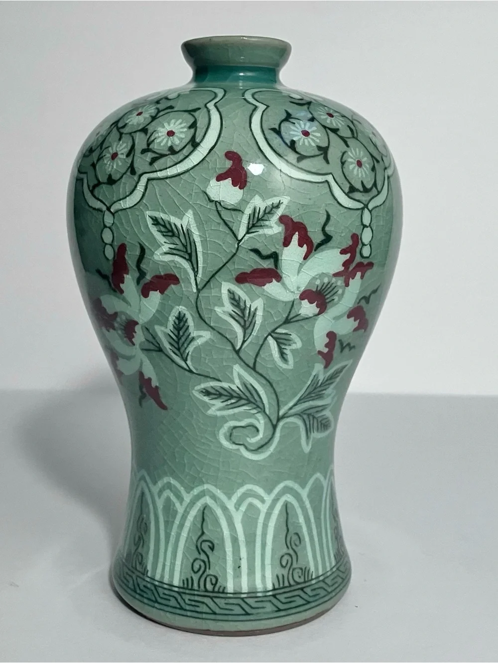 Vintage CELADON KOREAN Sanggam Inlaid MAEBYEONG VASE / Crackle Glaze / SIGNED